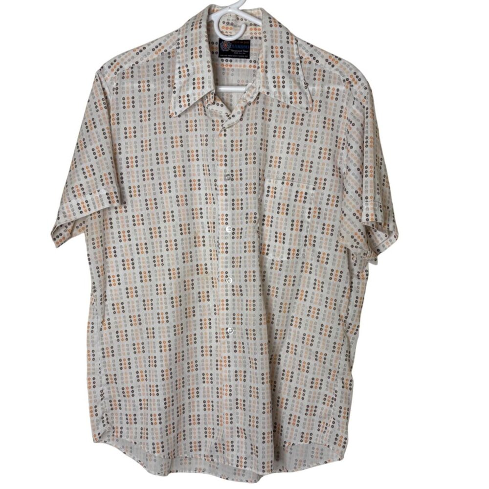 Vintage 1970s Xanadu Patterned Button Up Shirt Made USA Short Sleeve Retro L